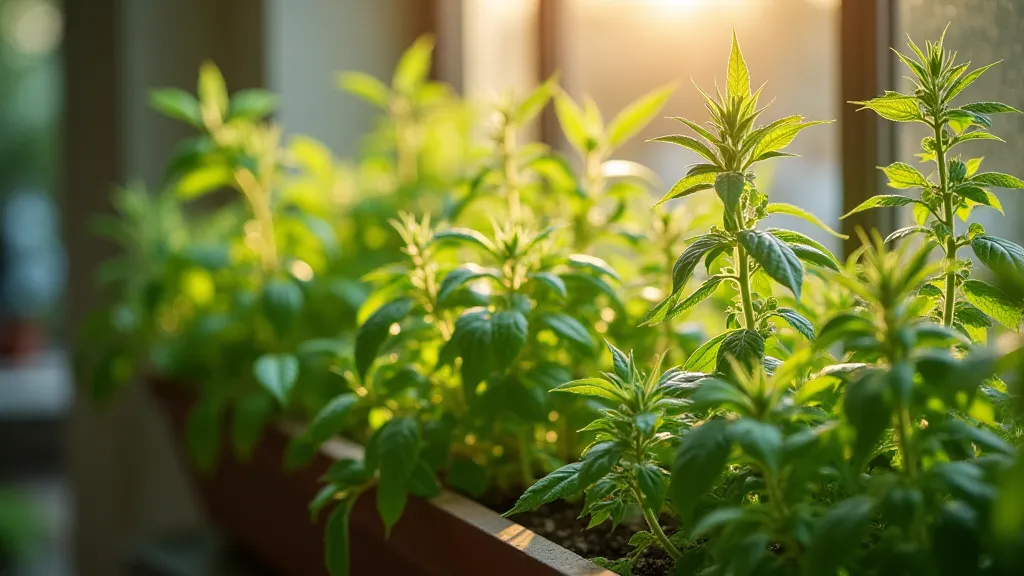 Basil, rosemary, and thyme plants in a sunny window box