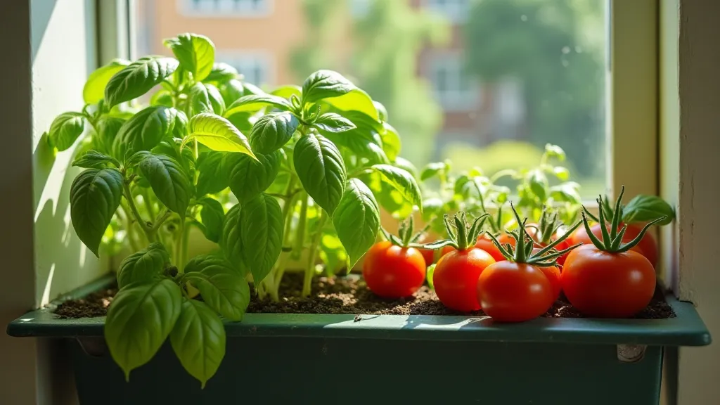 Basil and tomato plants in a window box