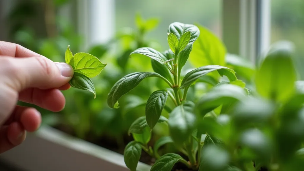 Hand harvesting basil from a window box