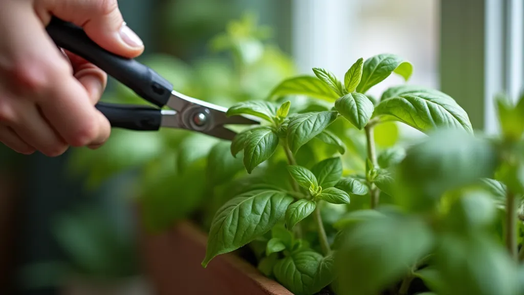 Harvesting basil from window box