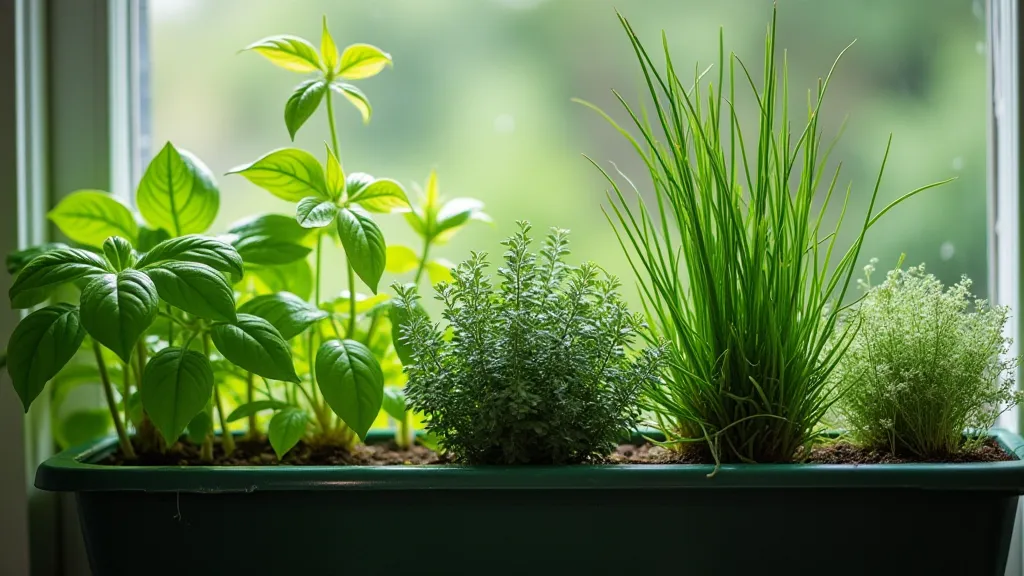 Variety of herbs in a flourishing window box