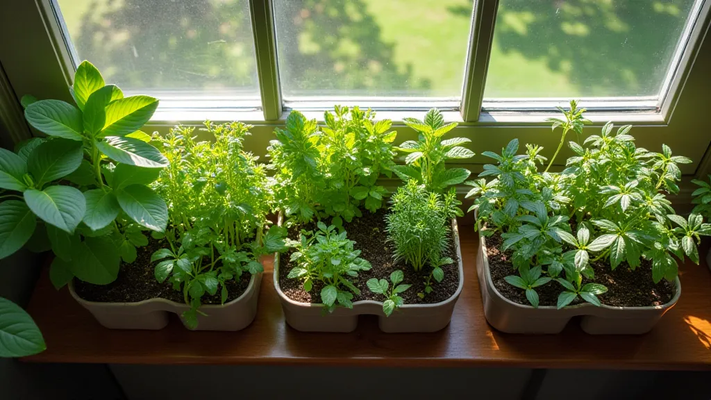 Variety of herbs in window boxes