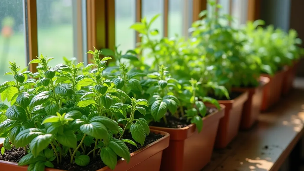 Healthy herbs growing in window boxes