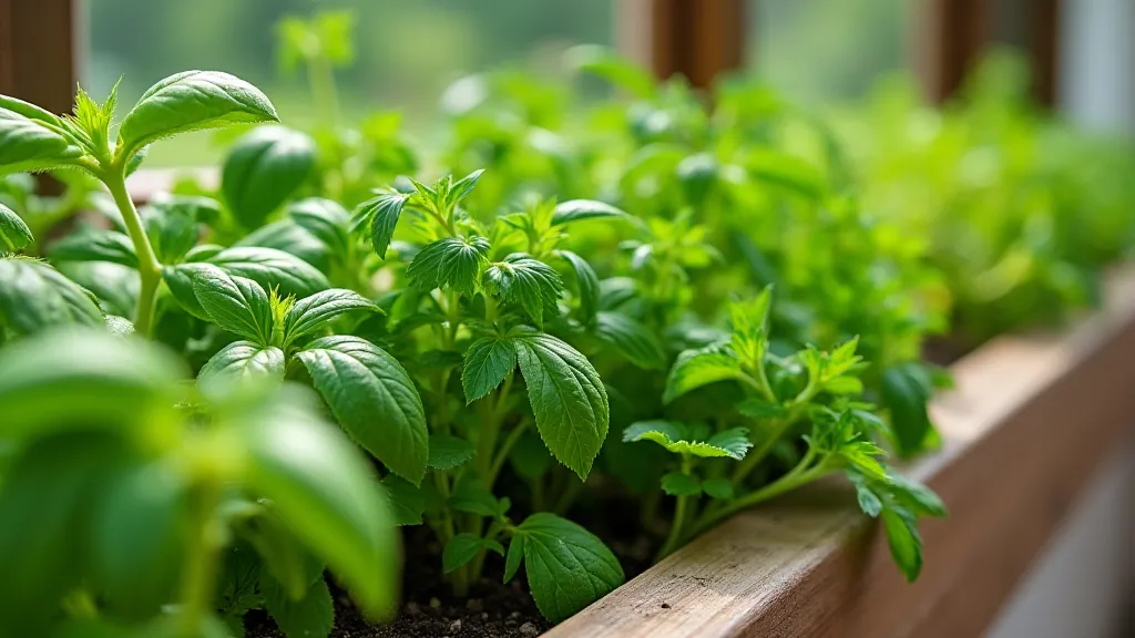 Culinary herbs growing in a window box