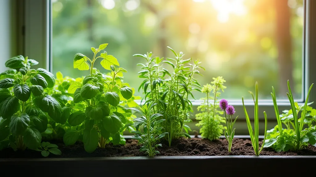 Window box filled with various culinary herbs