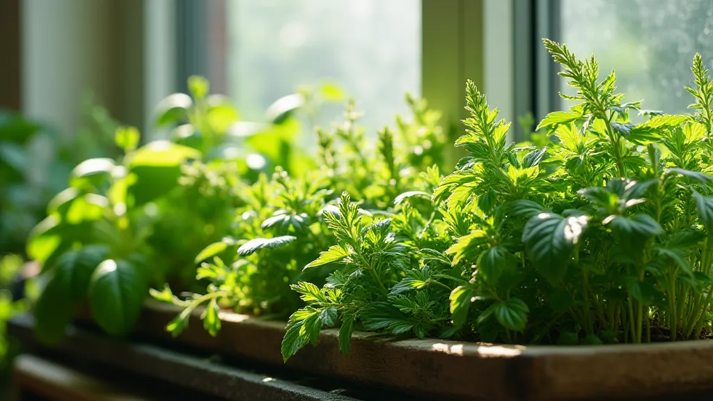 Assortment of herbs growing in a window box