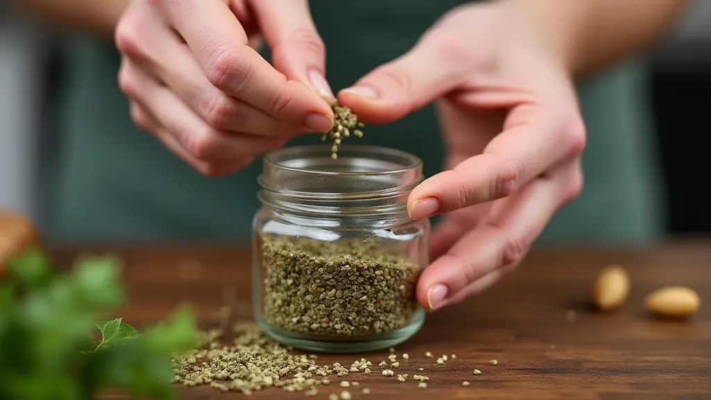 Dried herbs being stored in a jar