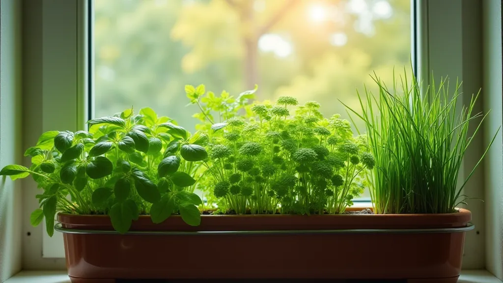 Window box with basil, parsley and chives