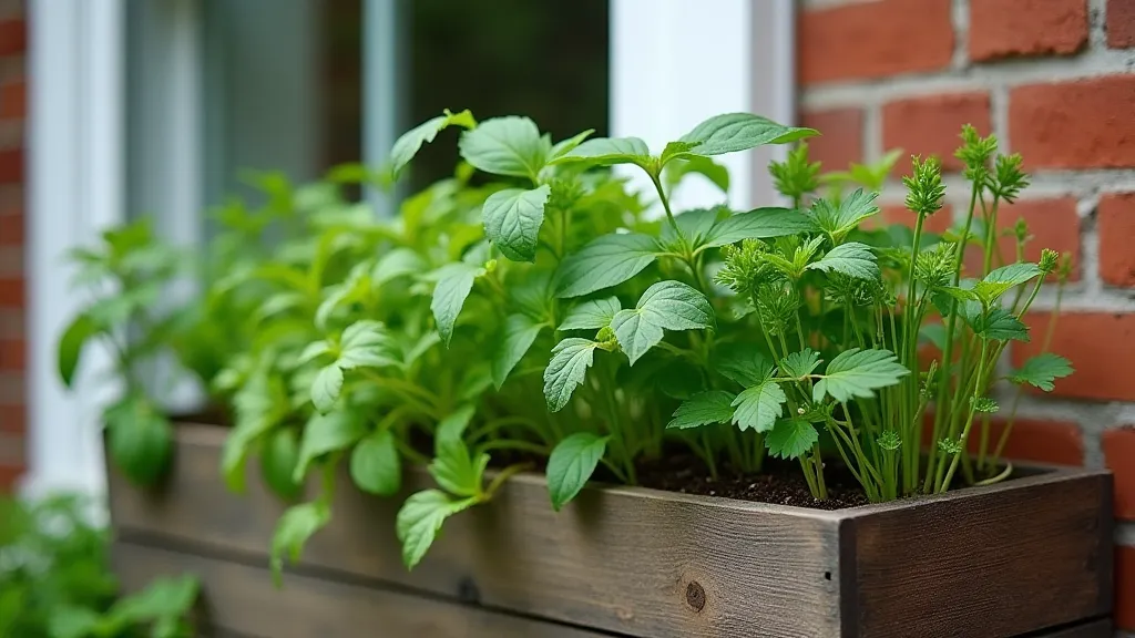 Variety of herbs in a window box