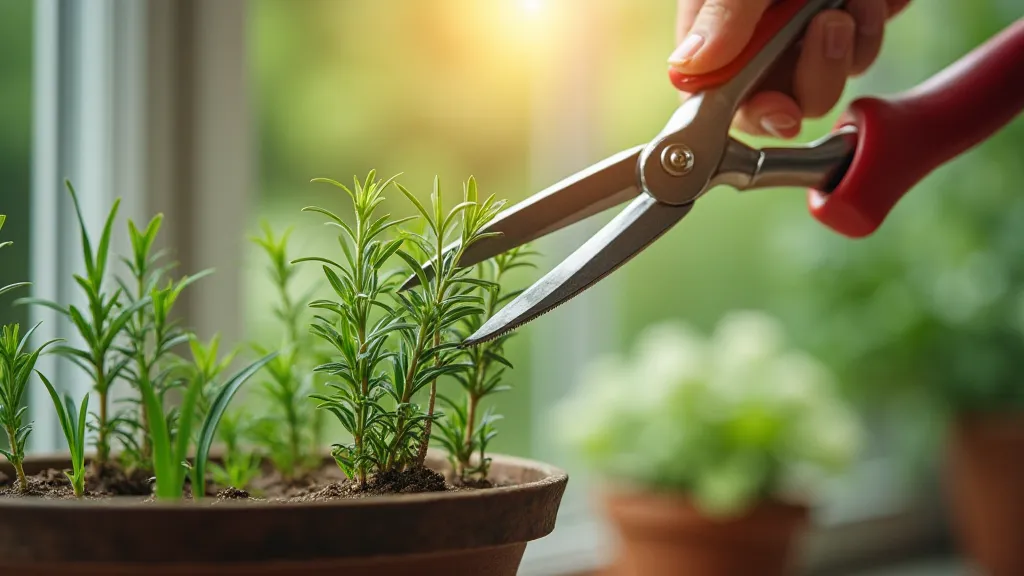 Pruning rosemary in a window box