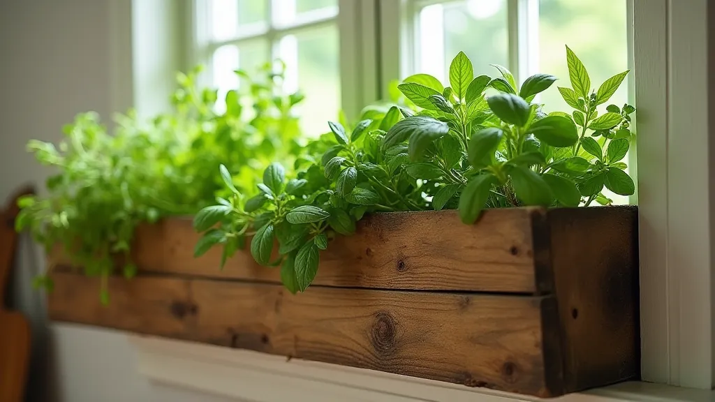 Reclaimed wood window box with herbs