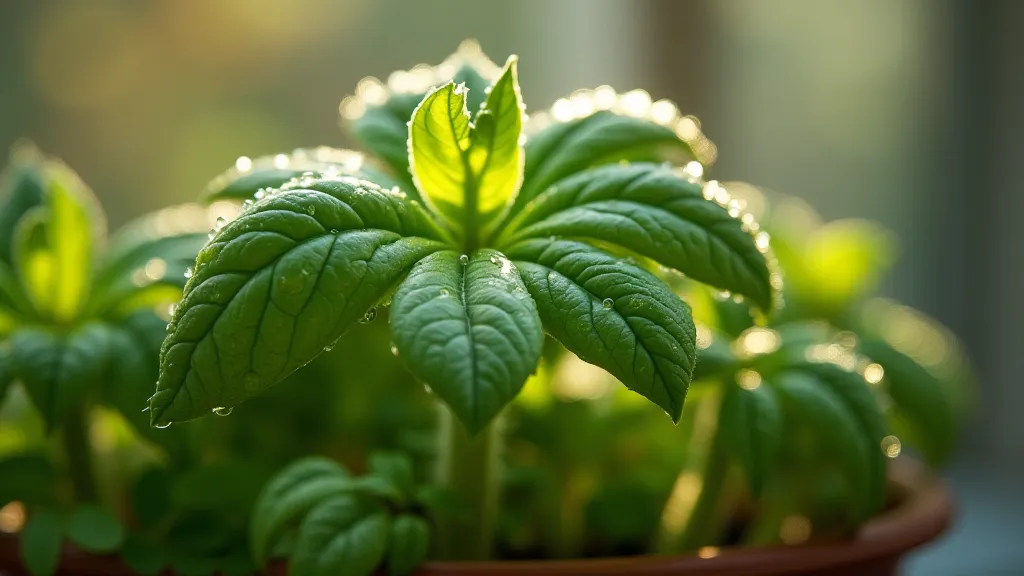 Water droplets on basil leaves