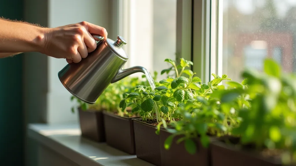 Hands watering herb window box